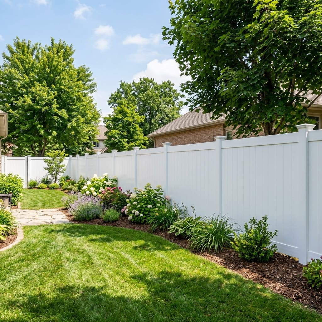 White vinyl fence in residential backyard
