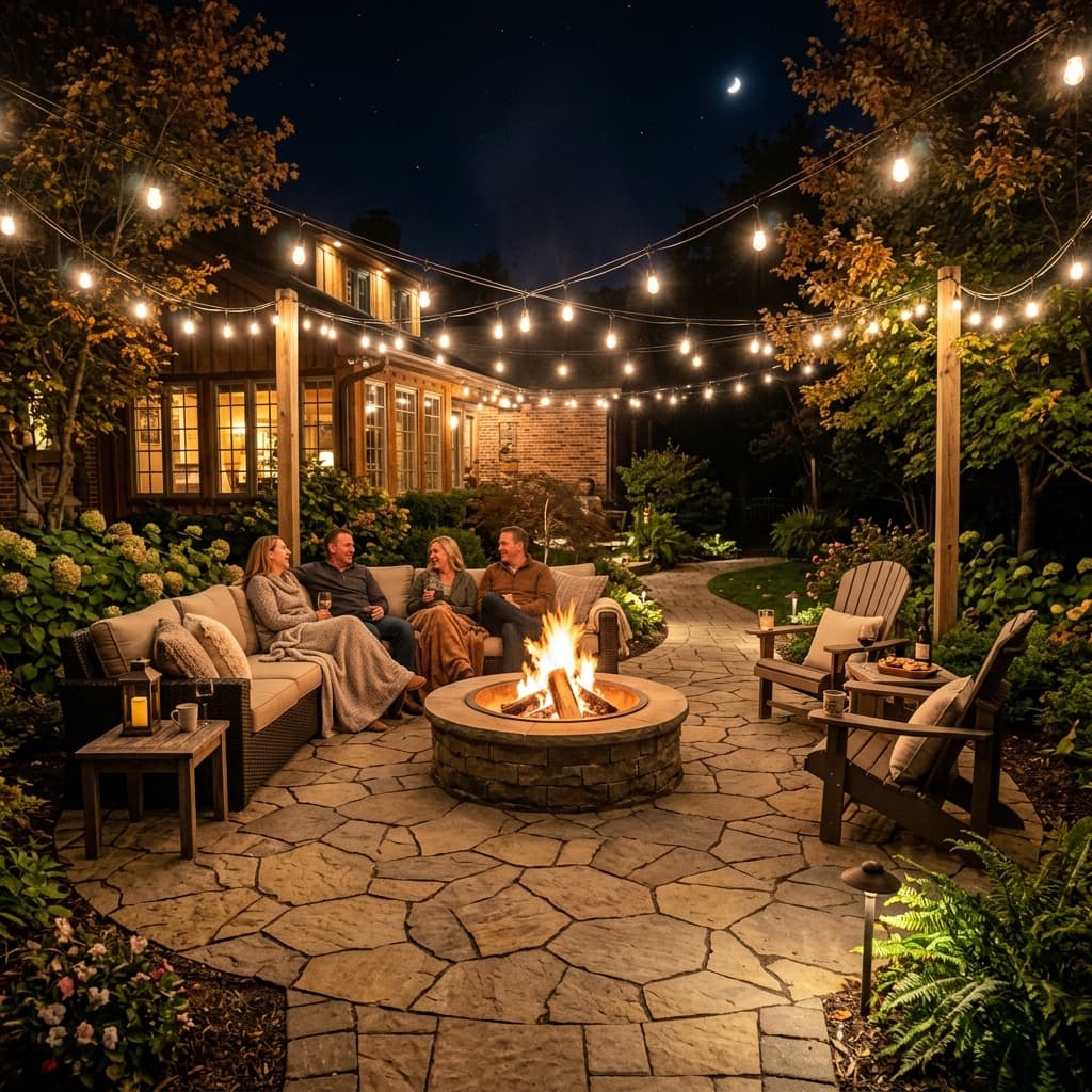 Paver patio with fire pit at night