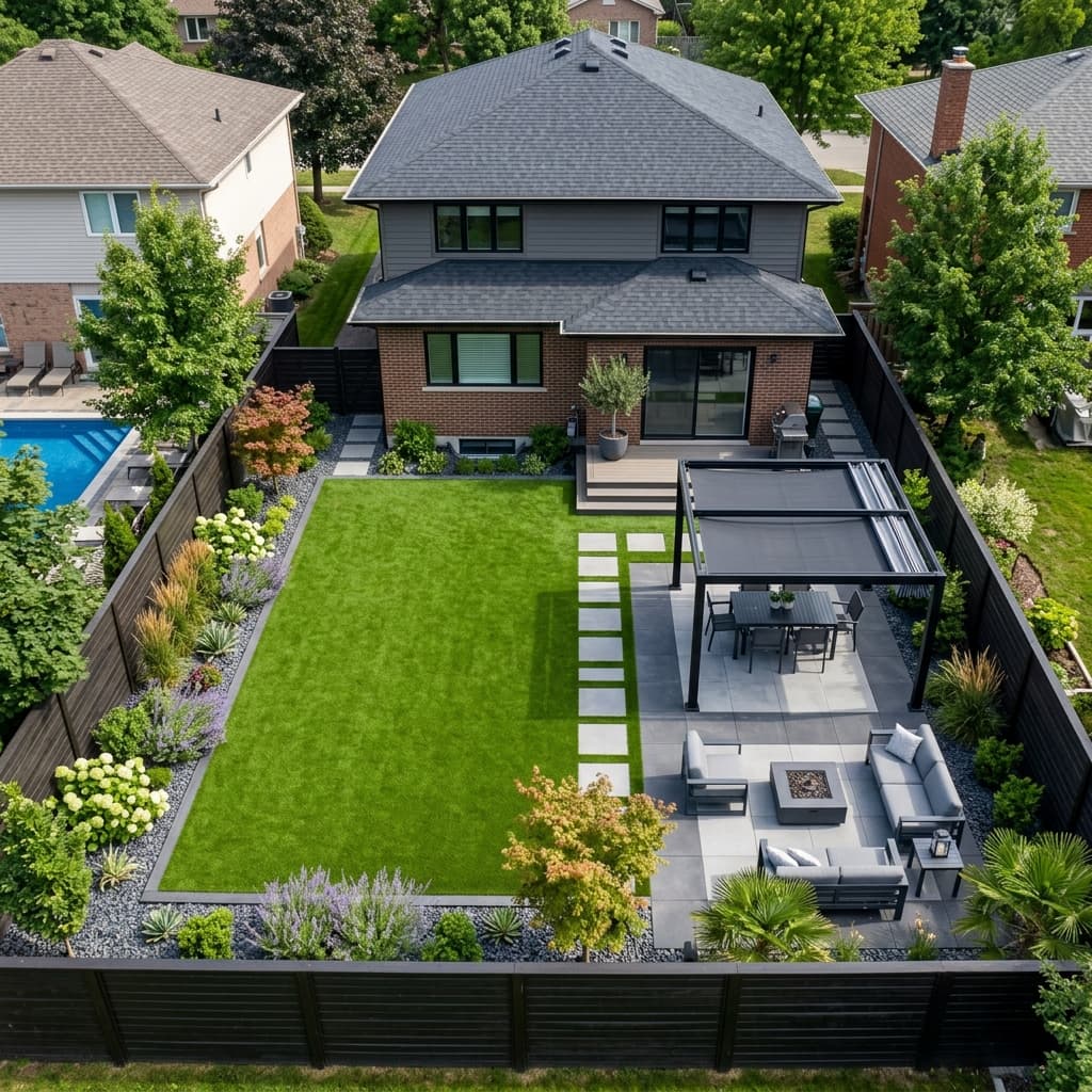 Aerial view of modern backyard