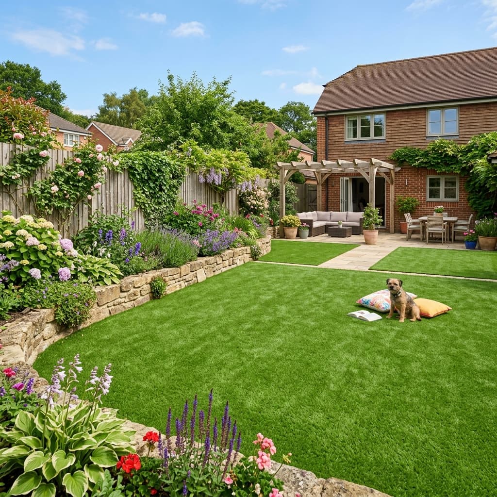 Green artificial grass lawn