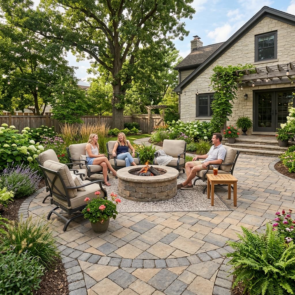 Custom paver patio with fire pit